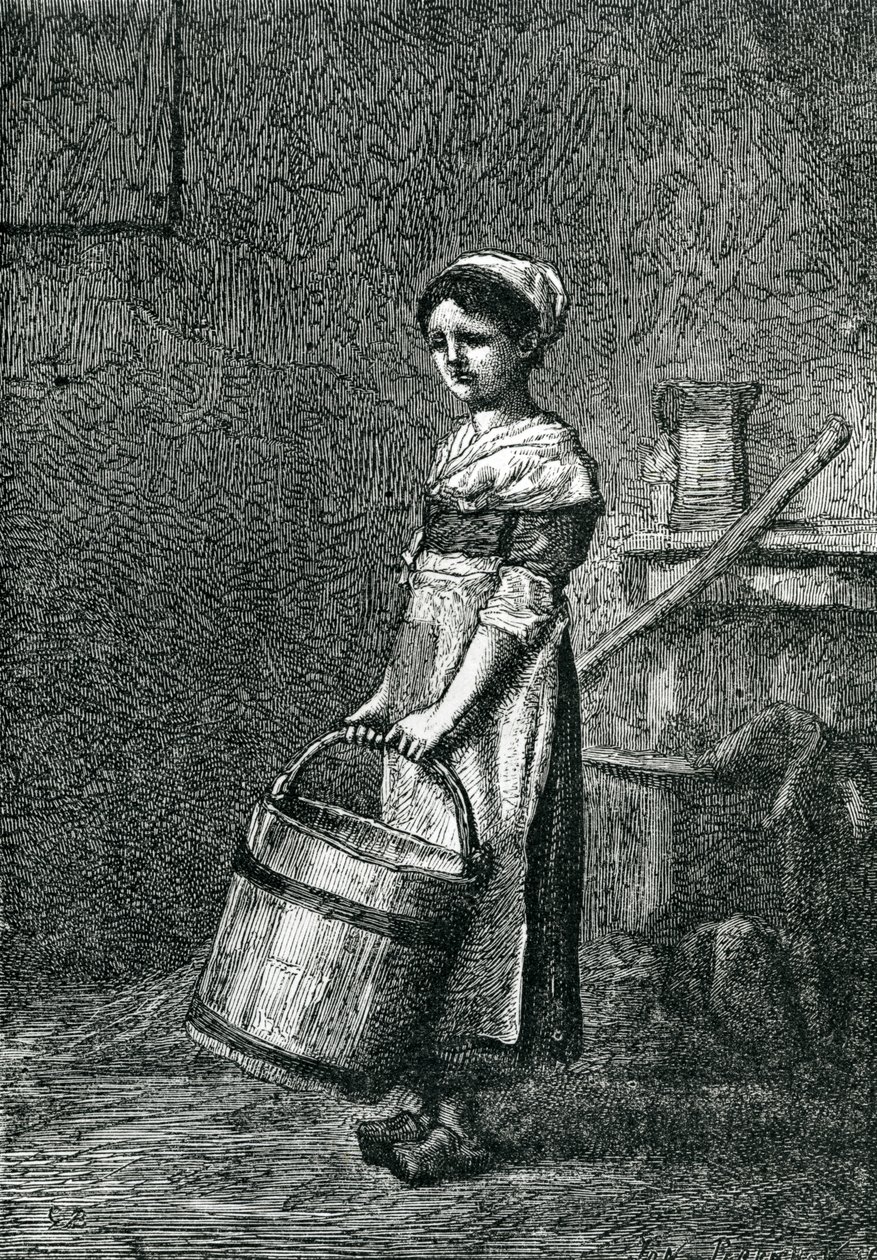 Cosette kantaa ämpäriä, kuvitus Victor Hugon teoksesta "Les Miserables" tekijältä Gustave Brion