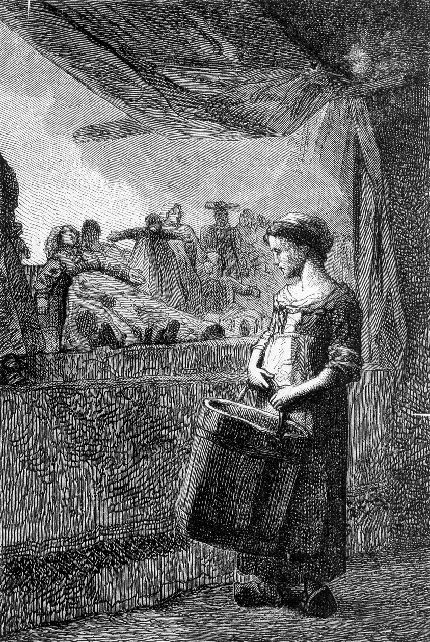 Cosette lelukaupan edessä - Victor Hugon "" Les Miserables" -kirjassa, ill. kirjoittanut Brion, toim. Hetzel ja Lacroix tekijältä Gustave Brion