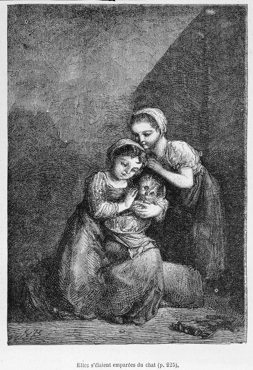 Cosette ja hänen ystävänsä ja kissa - Victor Hugon "" Les Miserables" -kirjassa, sairas. kirjoittanut Brion, toim. Hetzel ja Lacroix tekijältä Gustave Brion
