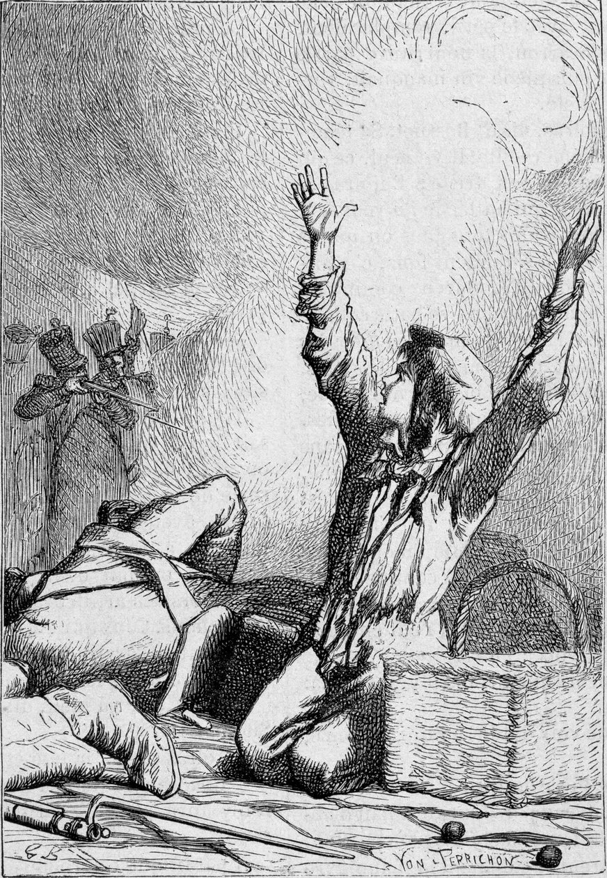 Gavroche putoaa barrikadeille - Victor Hugon "" Les Miserables" -kirjassa, sairas. kirjoittanut Brion, toim. Hetzel ja Lacroix tekijältä Gustave Brion