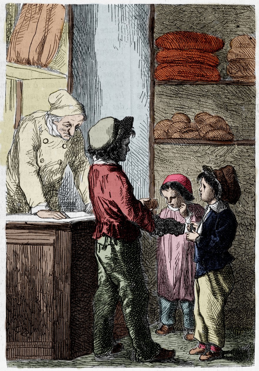 Gavroche antaa leipää lapsille - Victor Hugon "" Les Miserables" -kirjassa, ill. kirjoittanut Brion, toim. Hetzel ja Lacroix tekijältä Gustave Brion