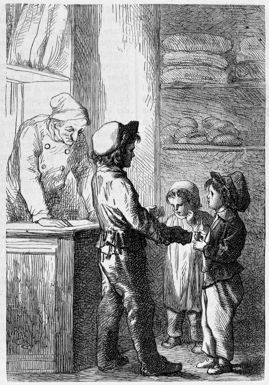 Gavroche antaa leipää lapsille - Victor Hugon "" Les Miserables" -kirjassa, ill. kirjoittanut Brion, toim. Hetzel ja Lacroix tekijältä Gustave Brion