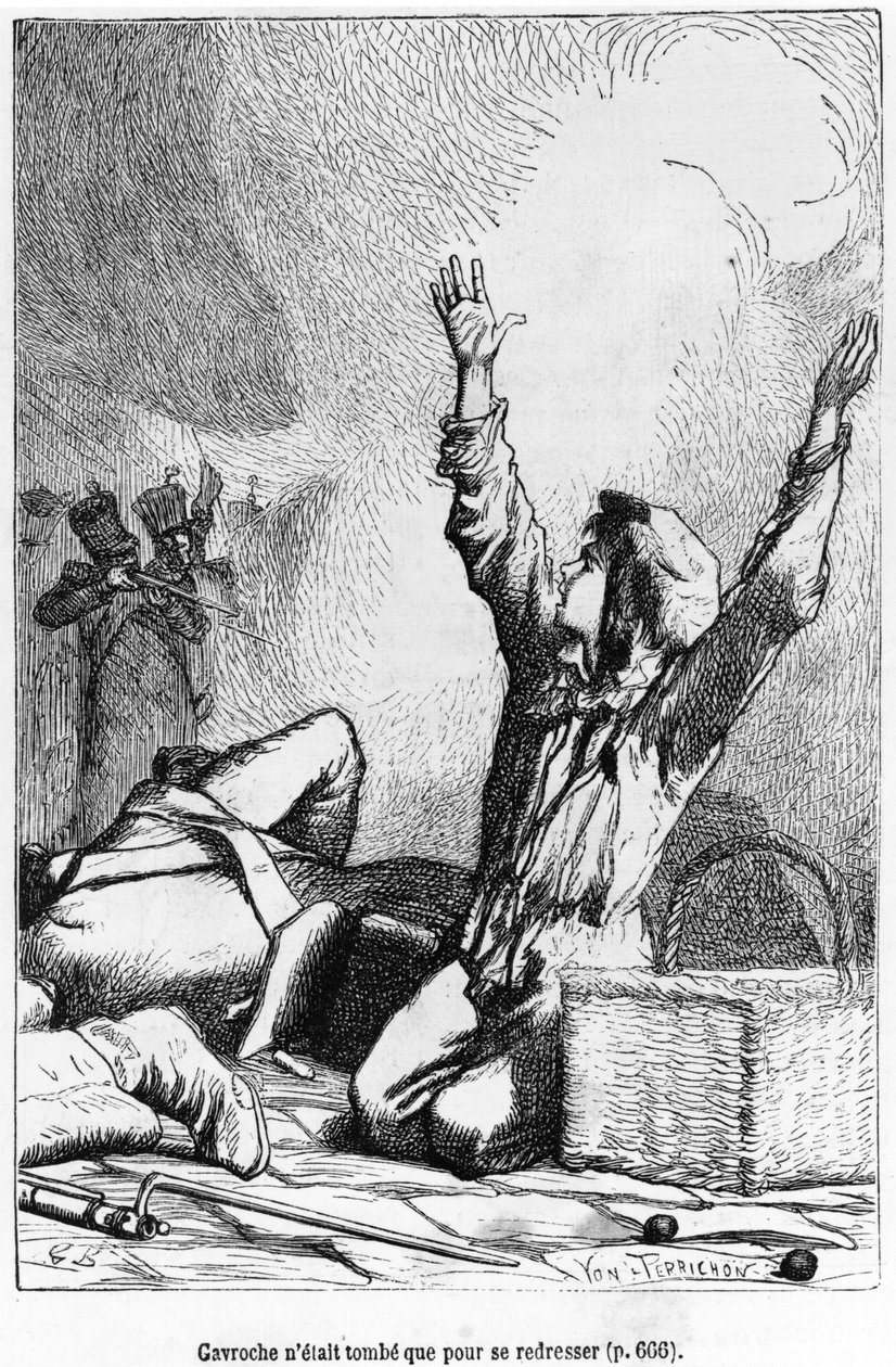 Gavroche oli pudonnut vain noustakseen jälleen, kuvitus Victor Hugon (1802-85) Les Miserables -kirjasta Jules Leon Perrichonin (1836-97) kaivertama. tekijältä Gustave Brion