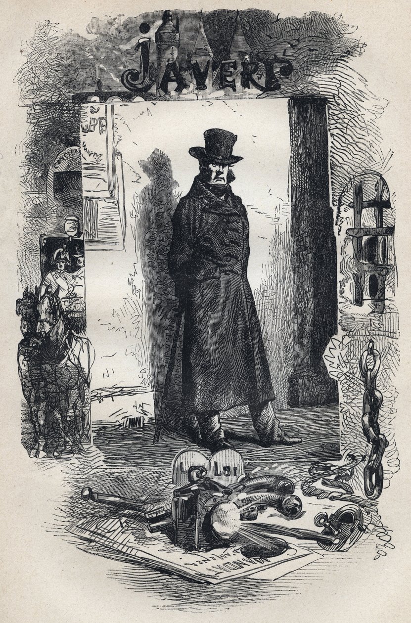 Javert, kuvitus de Victor Hugon romaanista "Les Miserables". tekijältä Gustave Brion