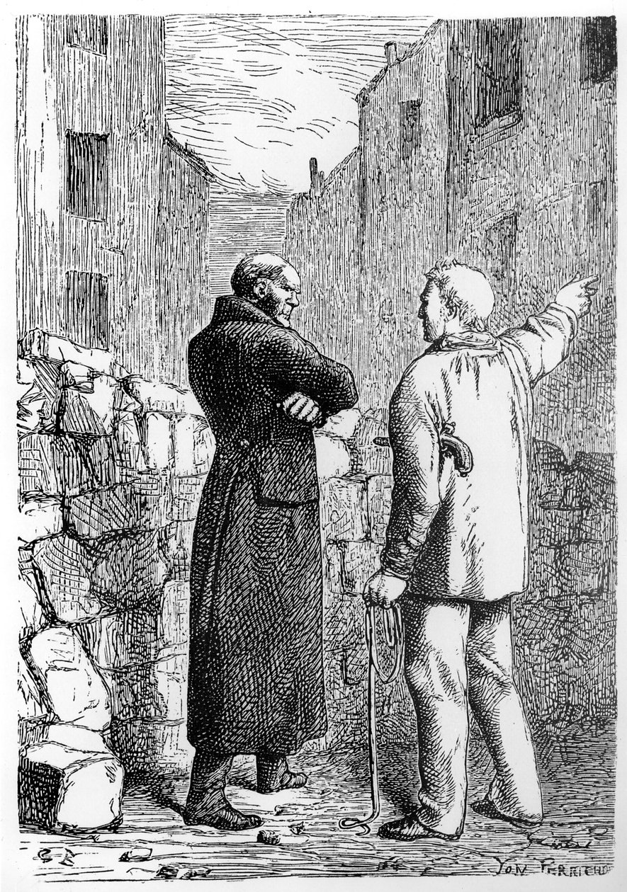 Jean Valjean saa kostonsa, kuvitus Victor Hugon (1802-85) Les Miserables -teoksesta Jules Perrichonin (1836-97) kaivertama tekijältä Gustave Brion