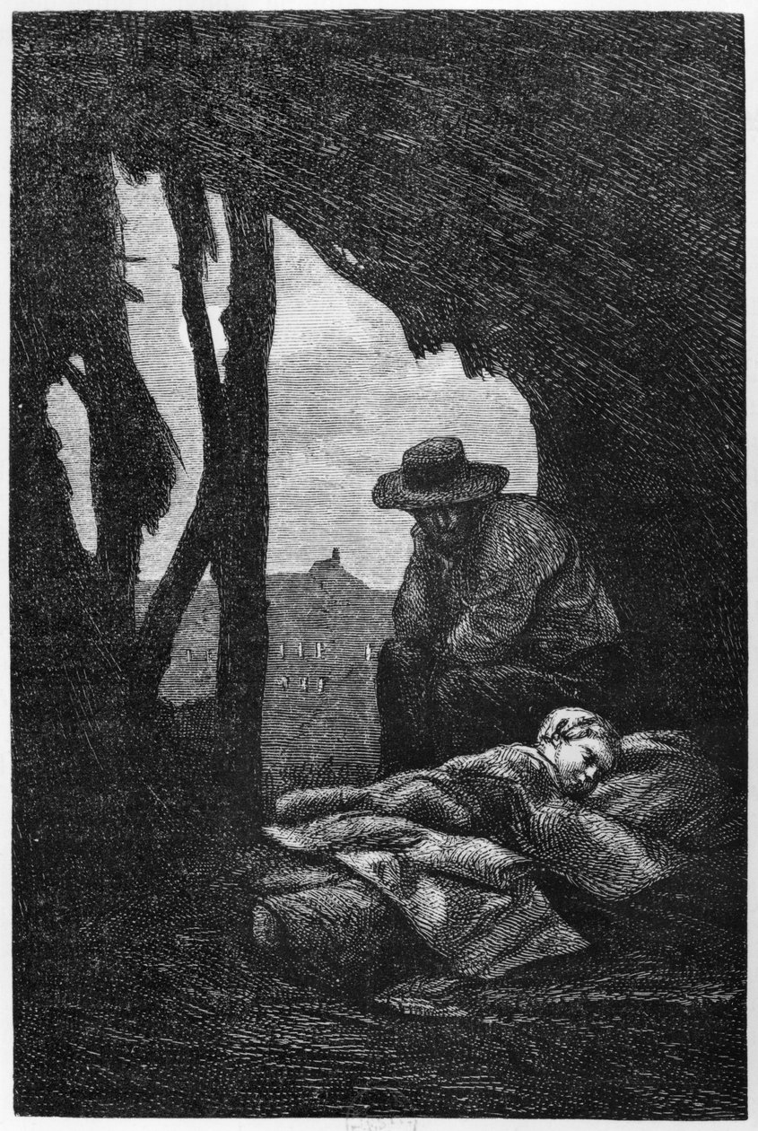 Jean Valjean tarkkailee Cosettea unessa, kuvitus Victor Hugon teoksesta Les Miserables tekijältä Gustave Brion