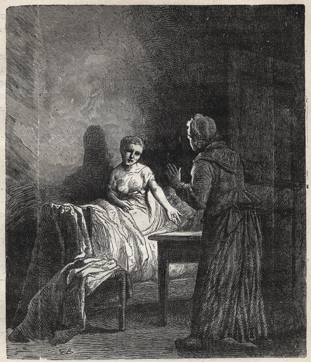 Marguerite astuu Fantinen huoneeseen ja Fantine näyttää hänelle kahta Napoleonia (kolikko), jotka voivat pelastaa Cosetten, hänen tyttärensä - Gustave Brionin (1824-1877) kuvitus Victor Hugon (1802-1885) elokuvaan "The Miserables - First part: Fantine" 186 tekijältä Gustave Brion