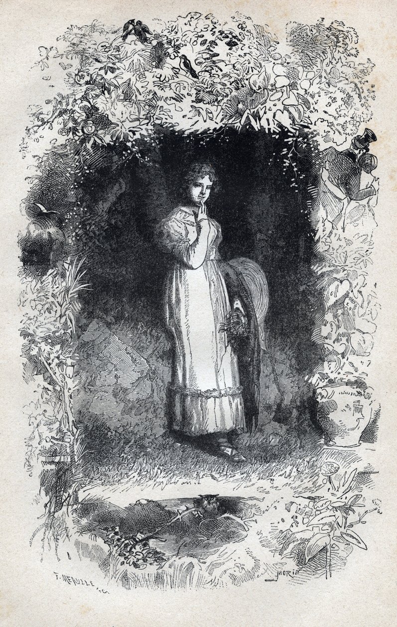 Muotokuva rakastuneesta Fantinesta, Tholomyes - Gustave Brionin (1824-1877) kuvitus Victor Hugon (1802-1885) "The Miserables - Ensimmäinen osa: Fantine" -kuvaan 1862 tekijältä Gustave Brion