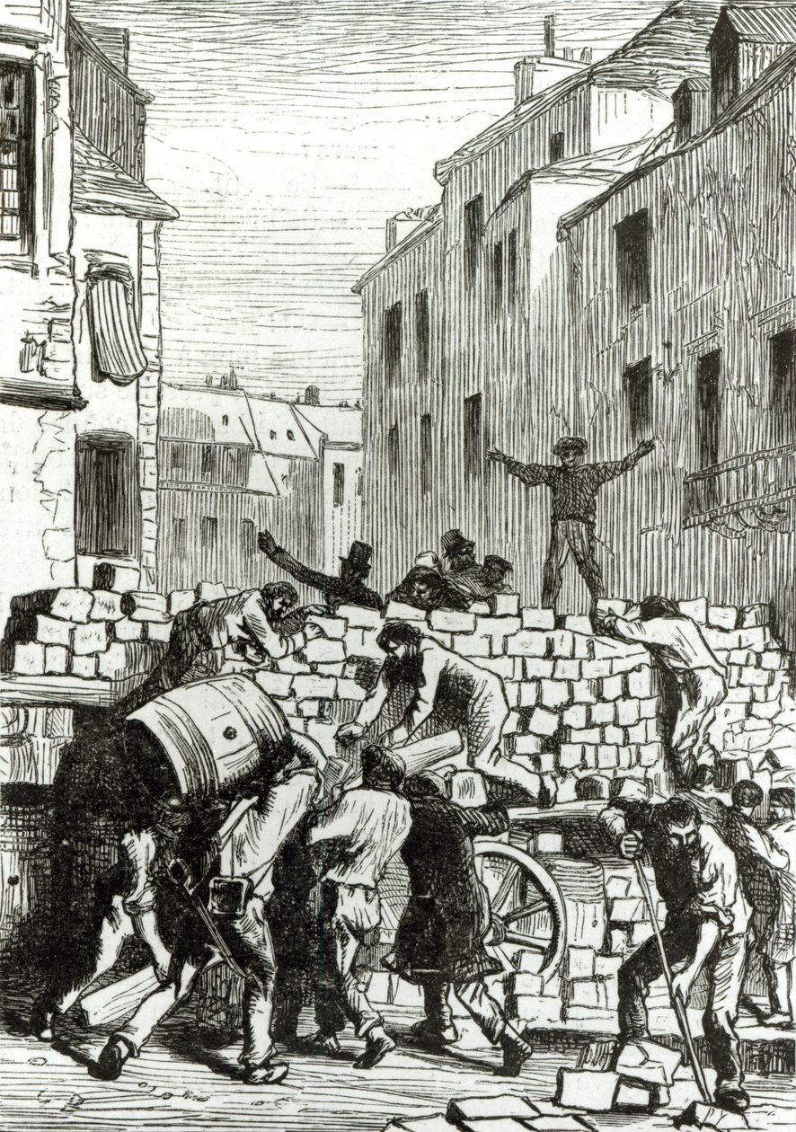 Barrikadi, kuvitus Victor Hugon (1802-85) teoksesta "Les Miserables" tekijältä Gustave Brion