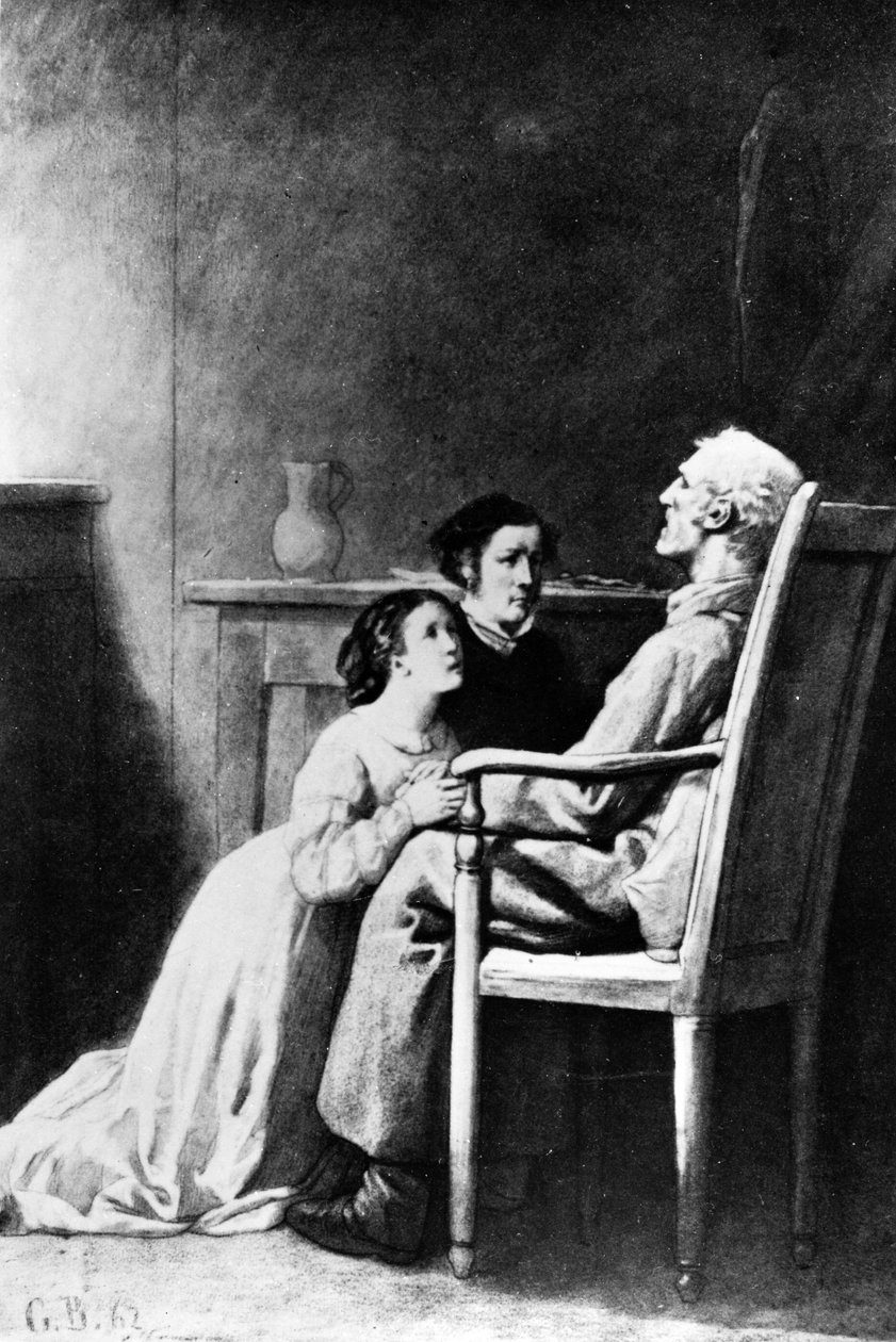 Jean Valjeanin kuolema, kuva Victor Hugon (1802-85) Les Miserables -teoksesta 1862 tekijältä Gustave Brion