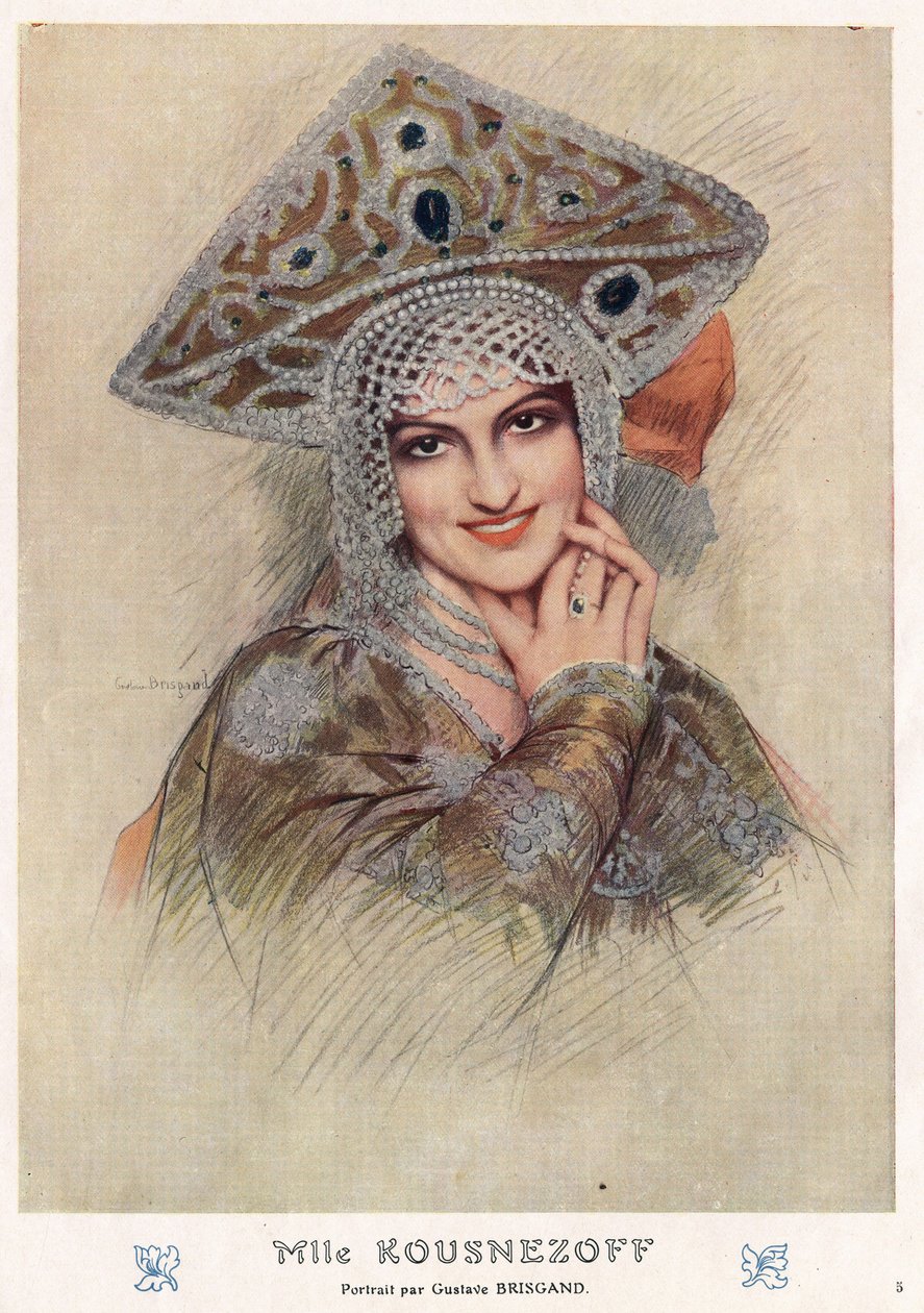 Muotokuva Maria Nikolaievna Kuznetsovasta (Maria Kuznetsova) (1880-1966), kuuluisa 1900-luvun Venäjän keisarikunta ja Neuvostoliiton oopperalaulaja ja tanssija Fantasiossa 1900-luvun alussa (piirustus) tekijältä Gustave Brisgand