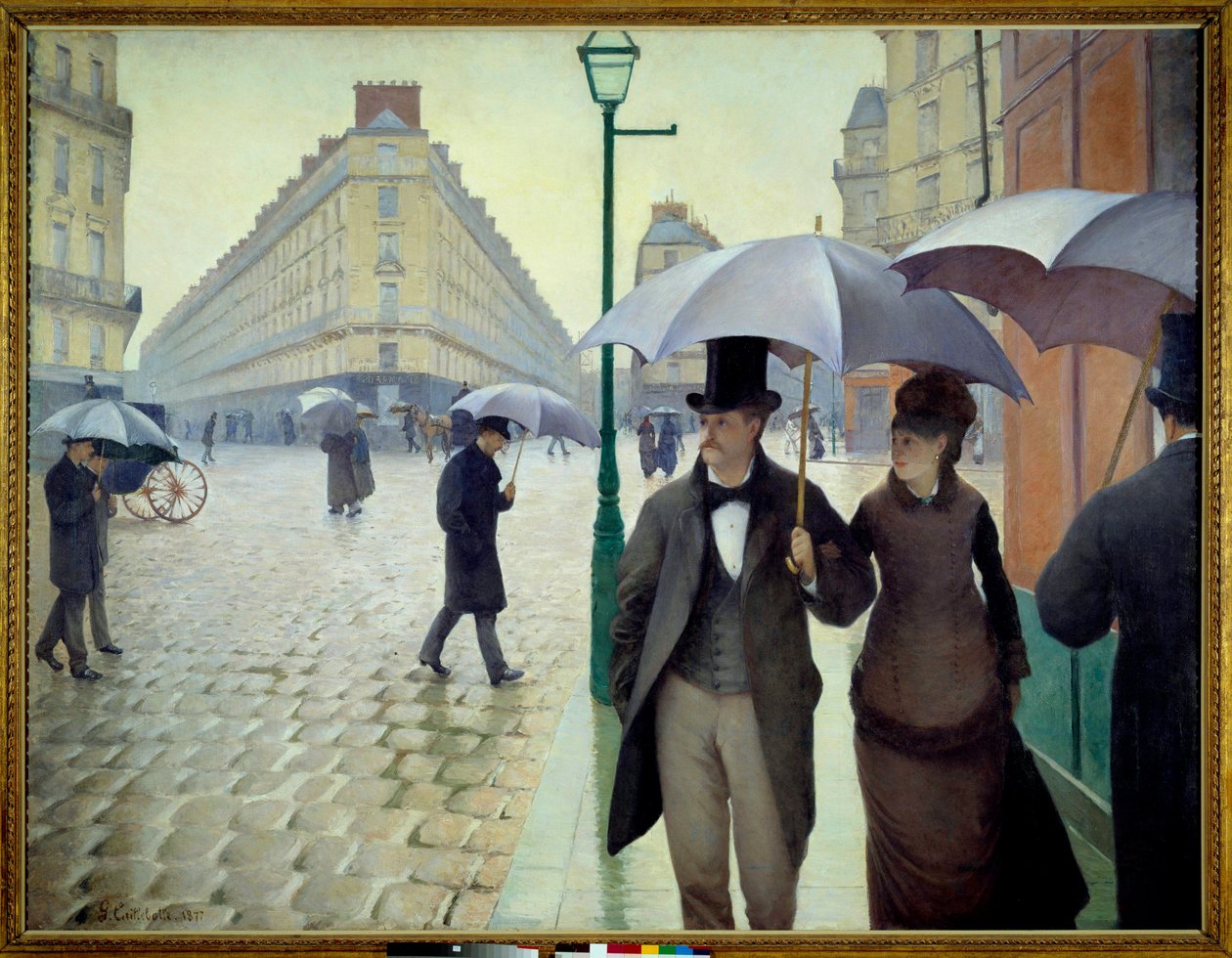 Katu Pariisissa sateisella säällä vuonna 1877 tekijältä Gustave Caillebotte