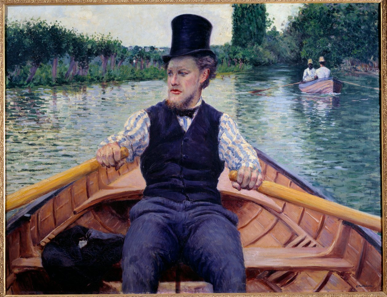 Osa venettä. Mies, jolla on pitkä hattu, soutaa veneessä. Gustave Caillebotten (1848-1894) maalaus tekijältä Gustave Caillebotte