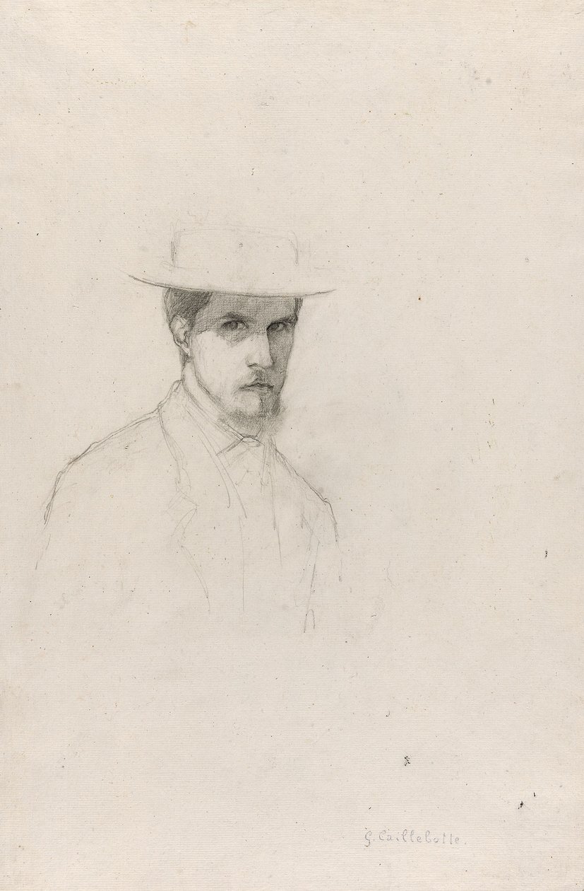 Omakuva hattu päässä, noin 1879 (grafiitti kuvioidulle paperille). tekijältä Gustave Caillebotte