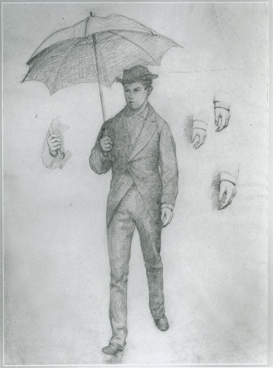 Nuori mies sateenvarjon kanssa (lyijykynä paperille) tekijältä Gustave Caillebotte
