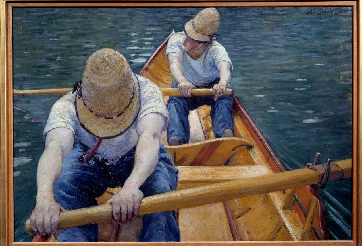 Yerresillä soutavat meloajat Gustave Caillebotten maalaus (1848-1894) 1877 su. 0,77x1,1 m Yksityinen kokoelma - The Boatmen on the Yerres. Gustave Caillebotten (1848-1894) maalaus tekijältä Gustave Caillebotte