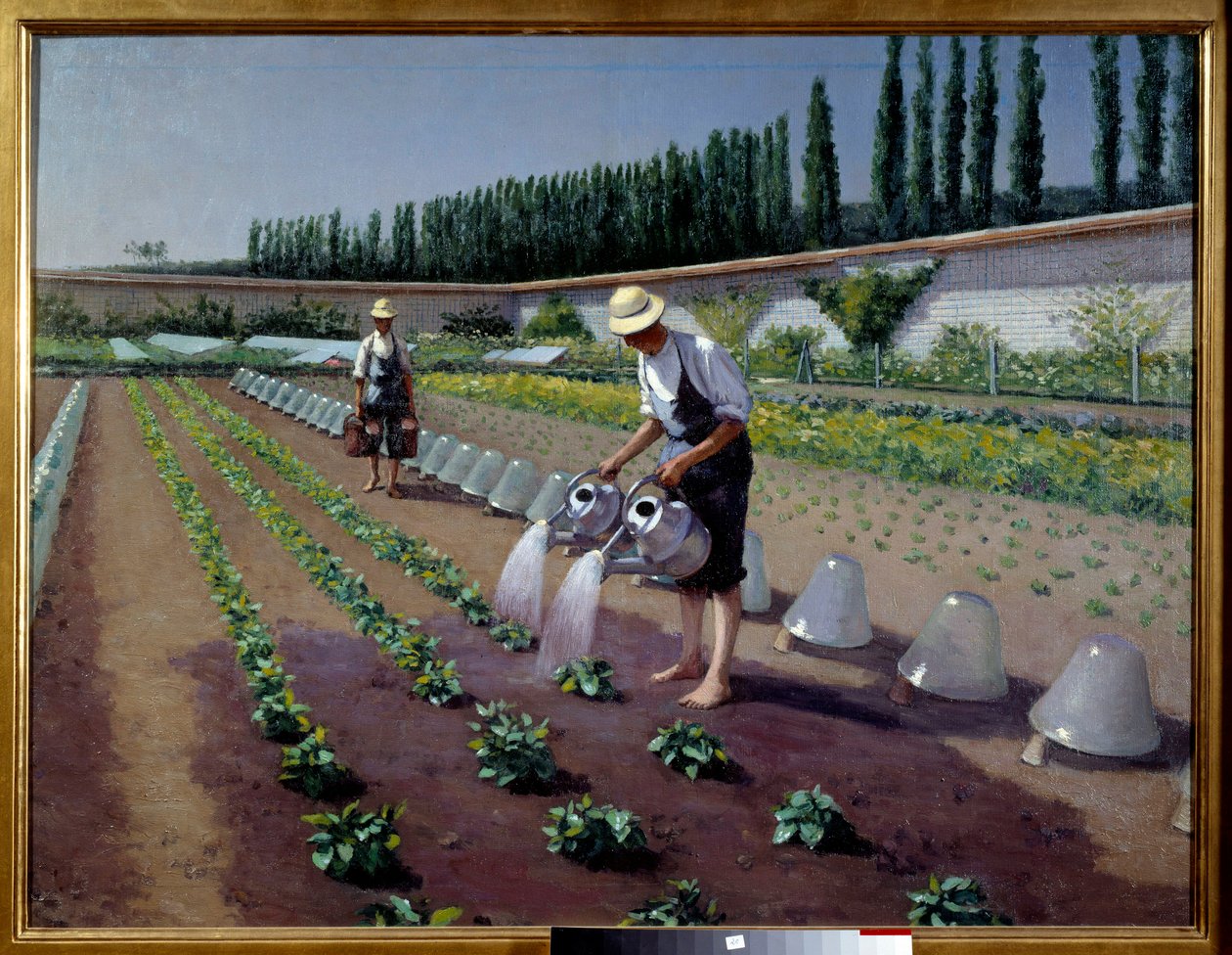 Puutarhurit. Kaksi miestä kastelukannuineen kastelee istutustaan. Niiden lähellä lasikellot peittivät viljelykasveja. Gustave Caillebotten (1848-1894) maalaus tekijältä Gustave Caillebotte