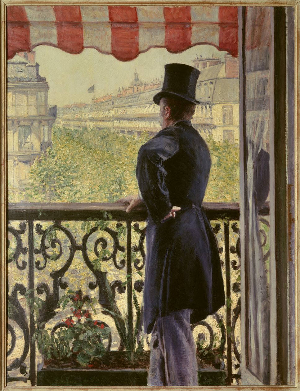 Mies parvekkeella Tyylikäs mies silinterissä lepää parvekkeen kaiteella Pariisin suurilla bulevardeilla. Gustave Caillebotten (1848-1894) maalaus 1880 Su. 0,86 x 1,14 m. Yksityinen kokoelma - Mies parvekkeella. Älykäs mies silinteri le tekijältä Gustave Caillebotte