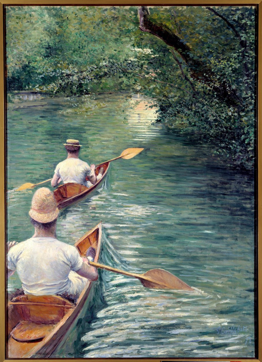 Perissoiret. Pari kävelee vedessä perissoires, eräänlainen kajakki (The Canoes). (Koristesarjan elementti: La Peche a la Lignen ja Les Baigneursin kanssa suunniteltu triptyykki). Gustave Caillebotten (1848-1894) maalaus tekijältä Gustave Caillebotte
