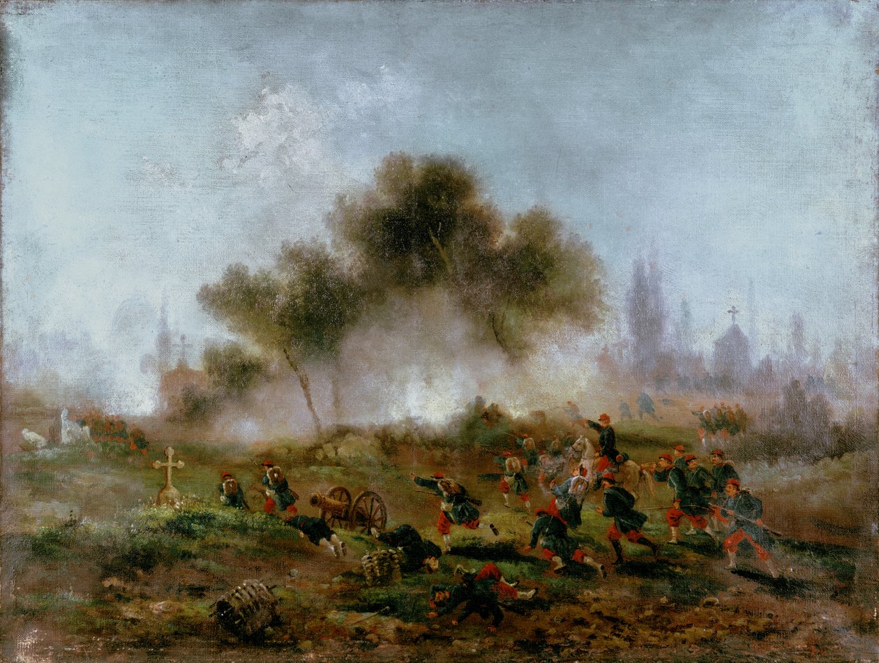 Pariisin kommuuni: tavallisten joukkojen hyökkäys hautausmaalle ja barrikadien vangitseminen toukokuussa 1871, 1871 tekijältä Gustave Clarence Rodolphe Boulanger