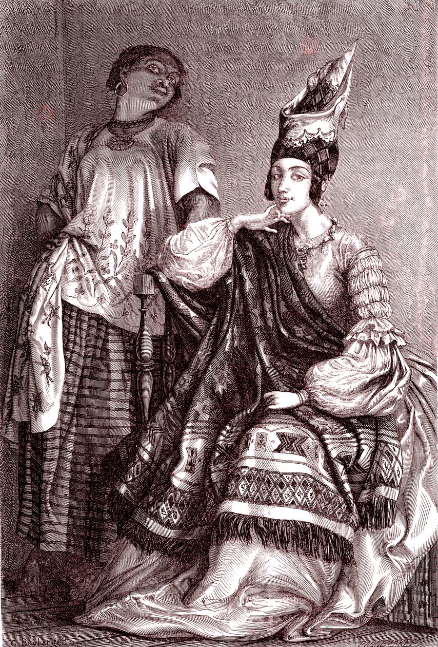 Signare, mulatti-ranskalaiset afrikkalaiset naiset Saint Louisin kaupungissa Senegalissa. 1861 (kaiverrus) tekijältä Gustave Clarence Rodolphe Boulanger