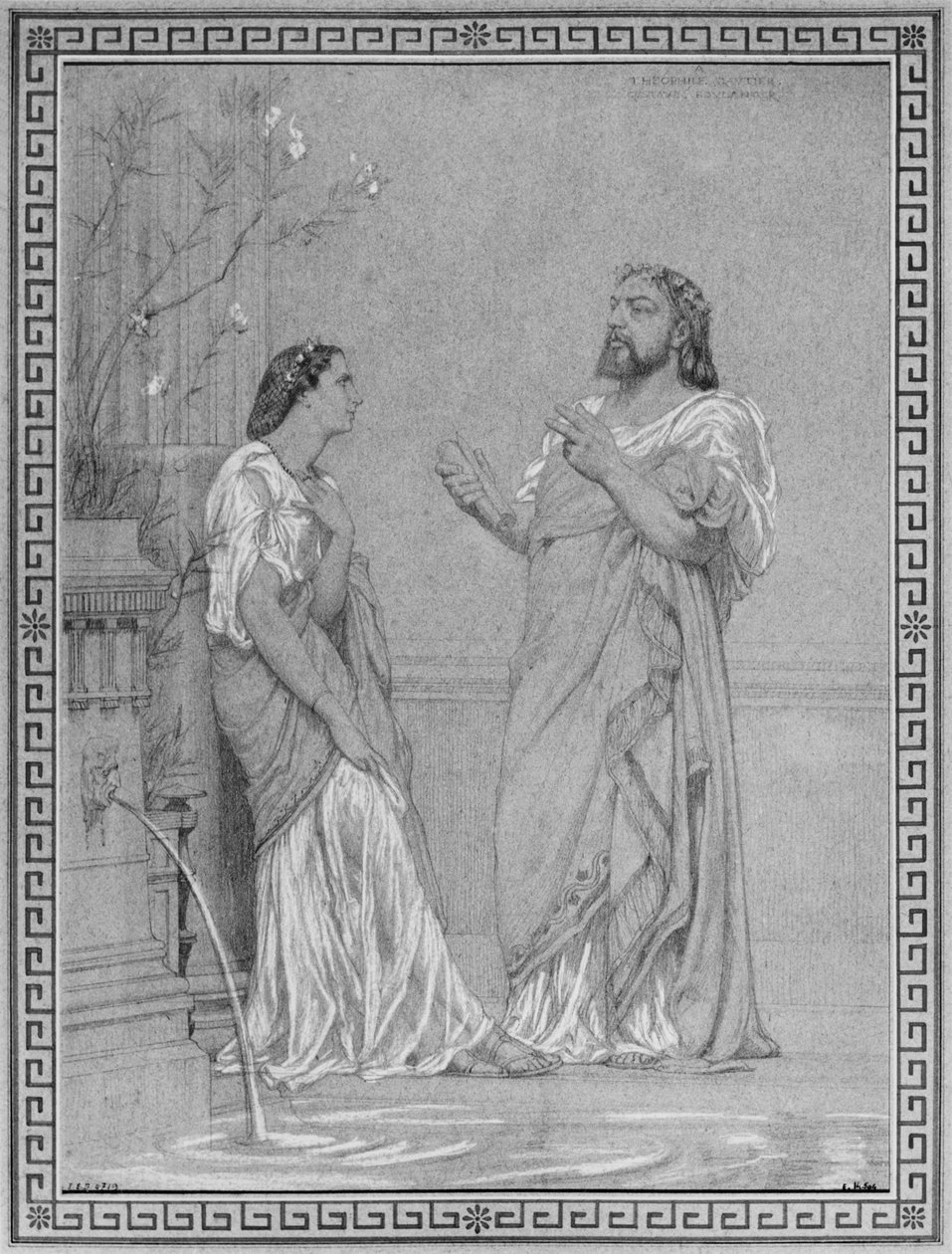 Theophile Gautier ja Maria Favart, luonnos maalaukseen "Huilunsoittajan ja Diomedesin vaimon harjoitukset prinssi Napoleonin Pompejin talon atriumissa, 18 Avenue Montaigne, Pariisi". tekijältä Gustave Clarence Rodolphe Boulanger
