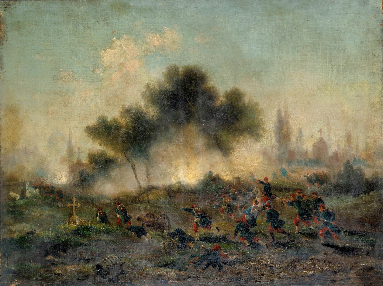 Vuoden 1870 sota Preussia vastaan: "" vakituisten joukkojen hyökkäys hautausmaalle toukokuussa 1871"" Gustave Boulangerin (1824-1888) maalaus 1871 su. 0,49x0,65 m. Pariisi, Musee Carnavalet tekijältä Gustave Clarence Rodolphe Boulanger