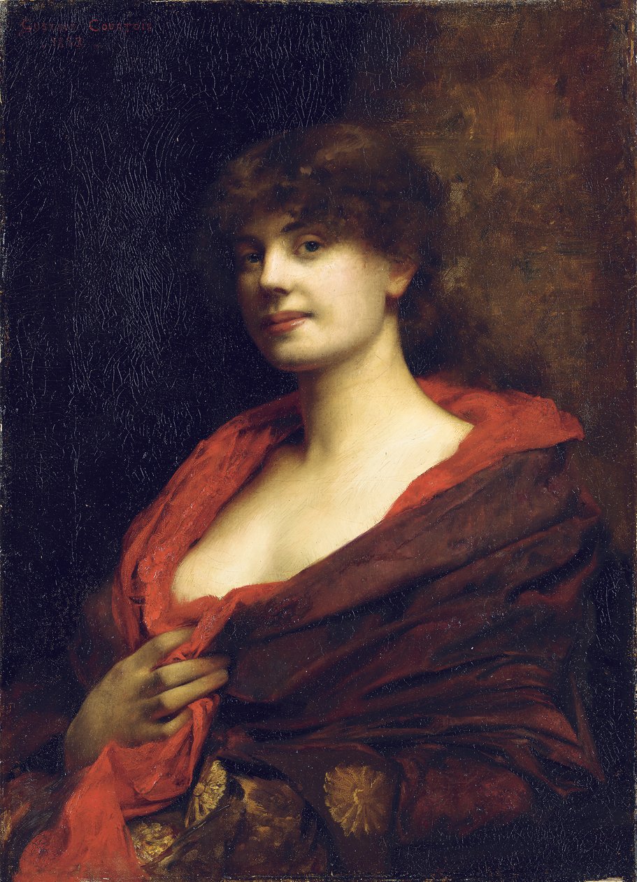 Elegantti nainen punaisella huivilla, 1883 tekijältä Gustave Claude Etienne Courtois