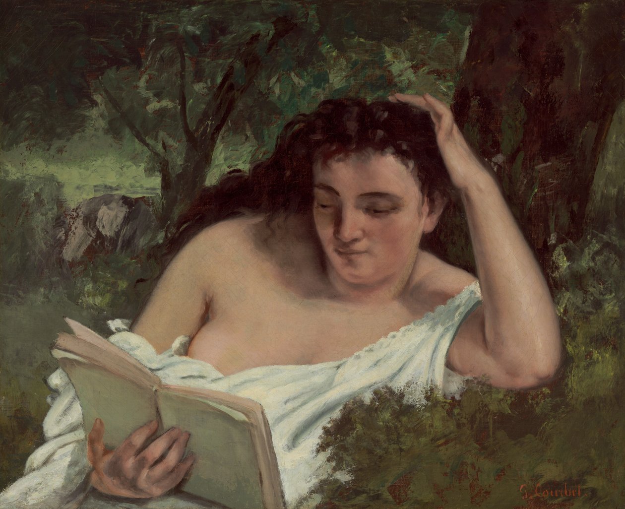 Nuori nainen lukemassa tekijältä Gustave Courbet