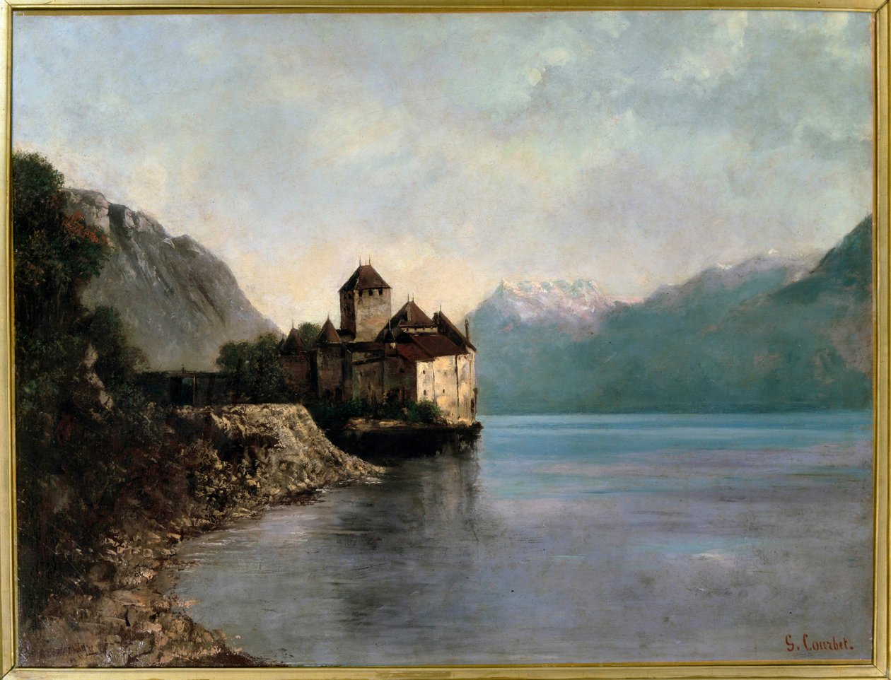 Linna Leman-järven rannalla Sveitsissä. Näkymä Chillonin linnalle. (öljy kankaalle tekijältä Gustave Courbet