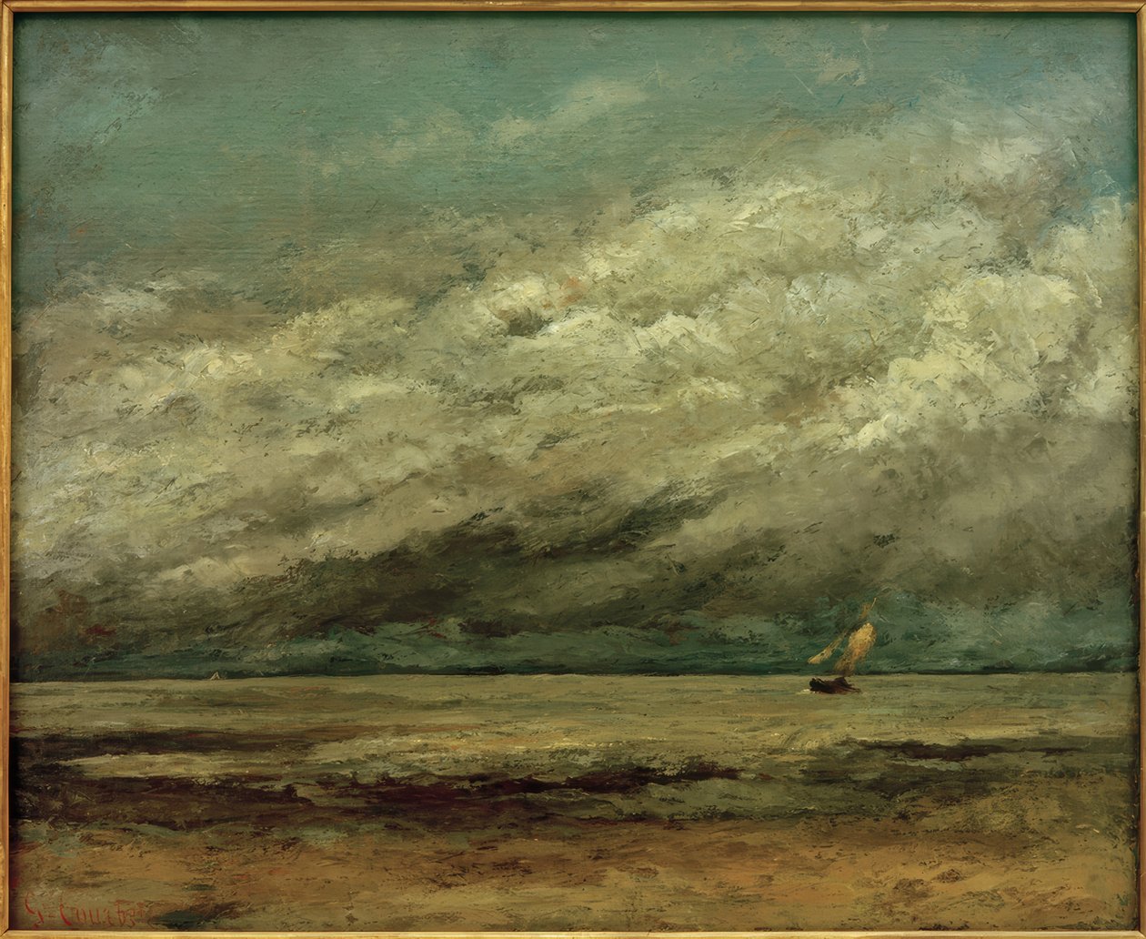 Purjevene lähellä rannikkoa, myrskyinen taivas tekijältä Gustave Courbet