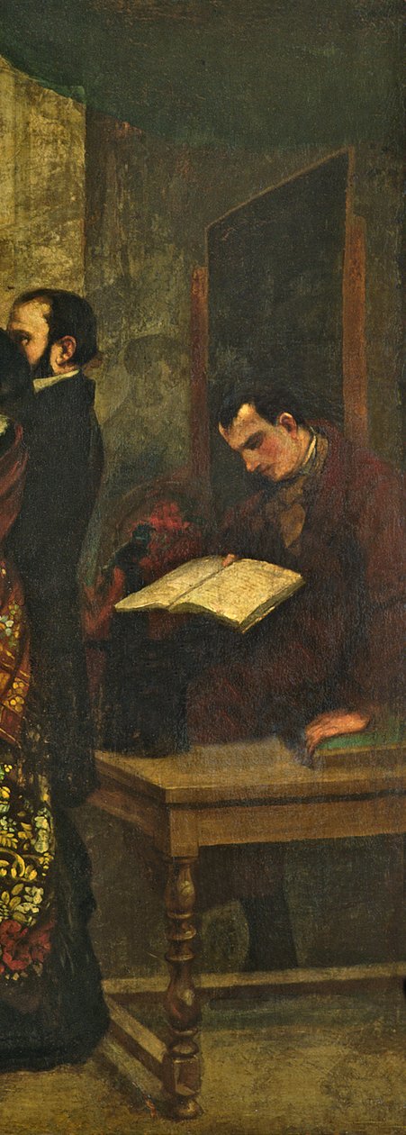 Baudelaire lukee kirjaa, yksityiskohta teoksesta "The Studio of the Painter, a Real Allegory", 1855 (yksityiskohta vuodelta 19190) tekijältä Gustave Courbet