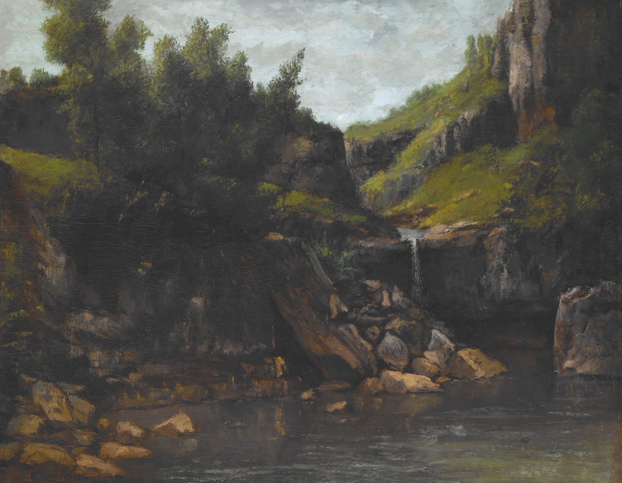 Vesiputous kallioisessa maisemassa tekijältä Gustave Courbet