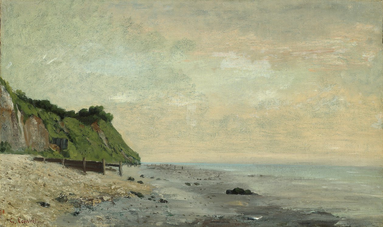 Kalliot meren rannikolla: Pieni ranta, auringonnousu tekijältä Gustave Courbet