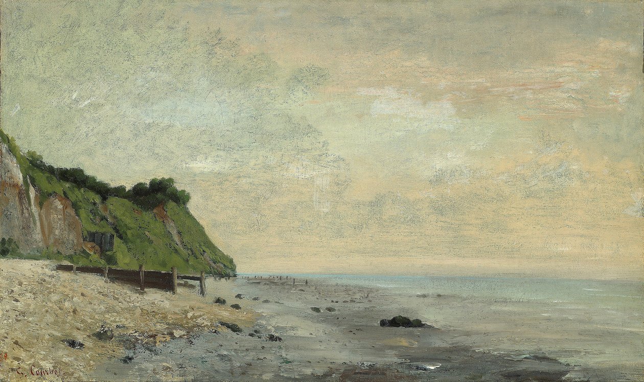 Kalliot meren rannikolla: Pieni ranta, auringonnousu tekijältä Gustave Courbet