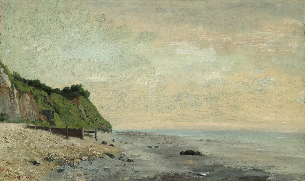 Kalliot meren rannikolla: Pieni ranta, auringonnousun kallio meren rannikolla, nähty pieni ranta... tekijältä Gustave Courbet
