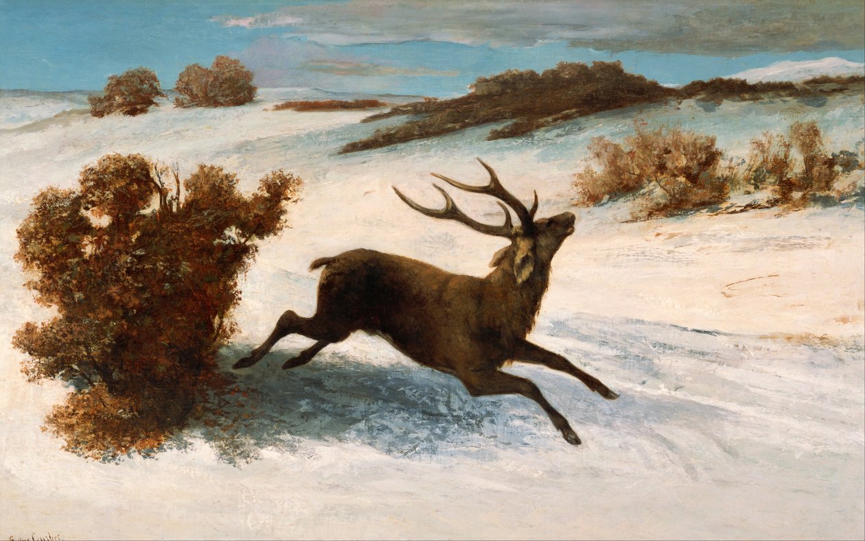 Hirvi juoksee lumessa tekijältä Gustave Courbet