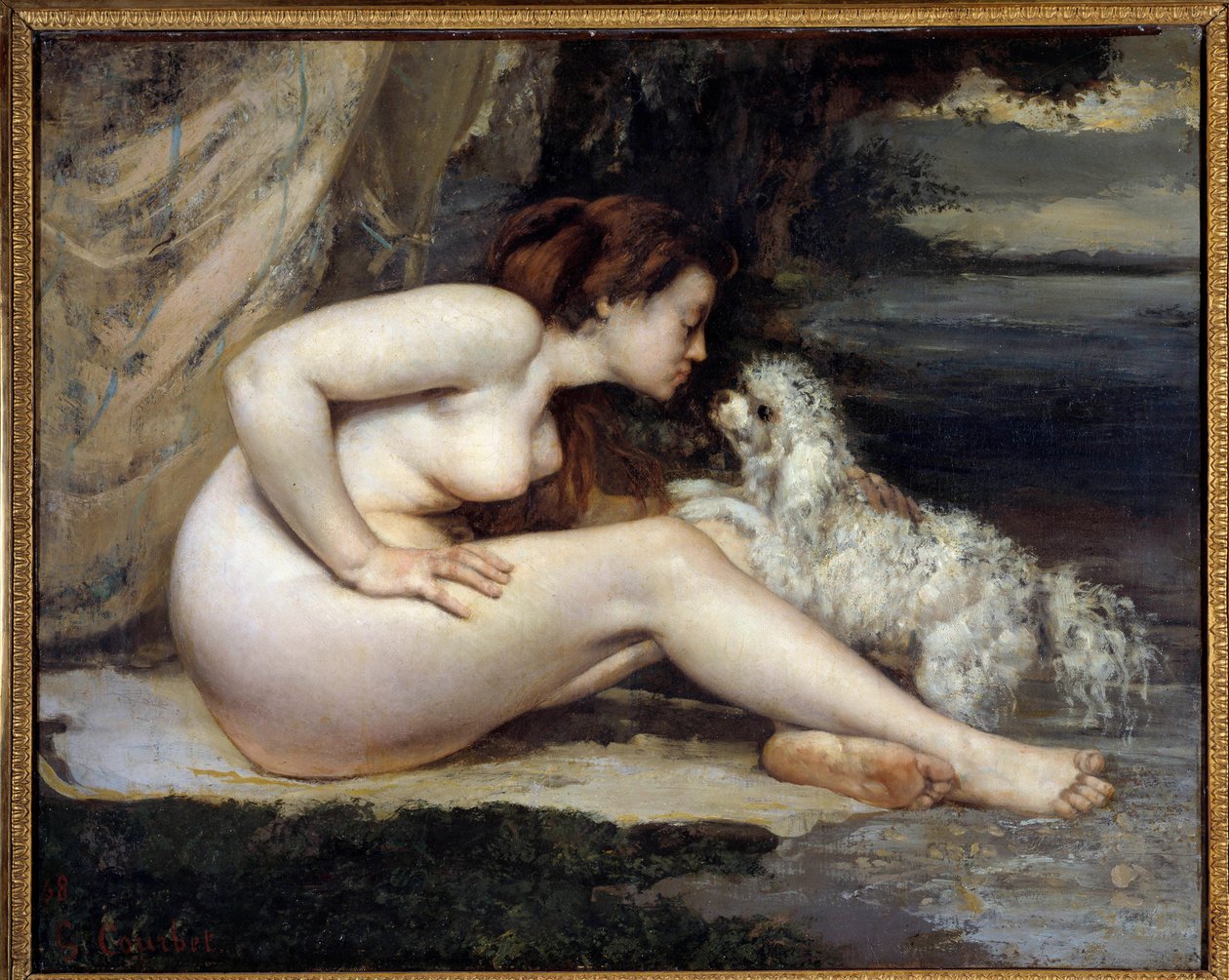 Koira alaston nainen. Leontine Renaudin muotokuva. Gustave Courbetin (1819-1877) maalaus tekijältä Gustave Courbet