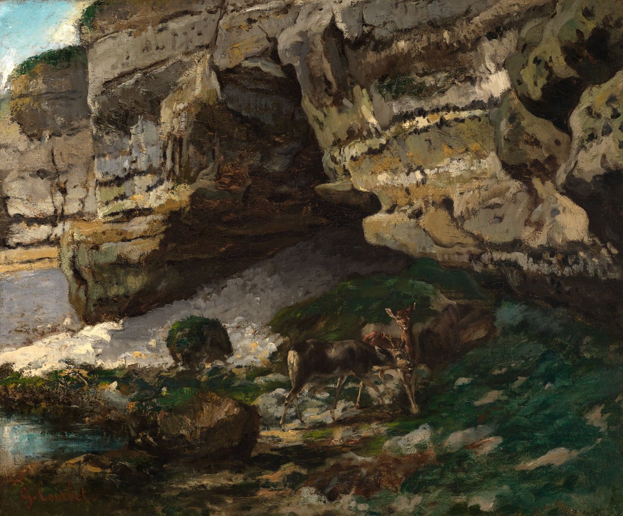 Kallioinen maisema, jossa on peuroja tekijältä Gustave Courbet