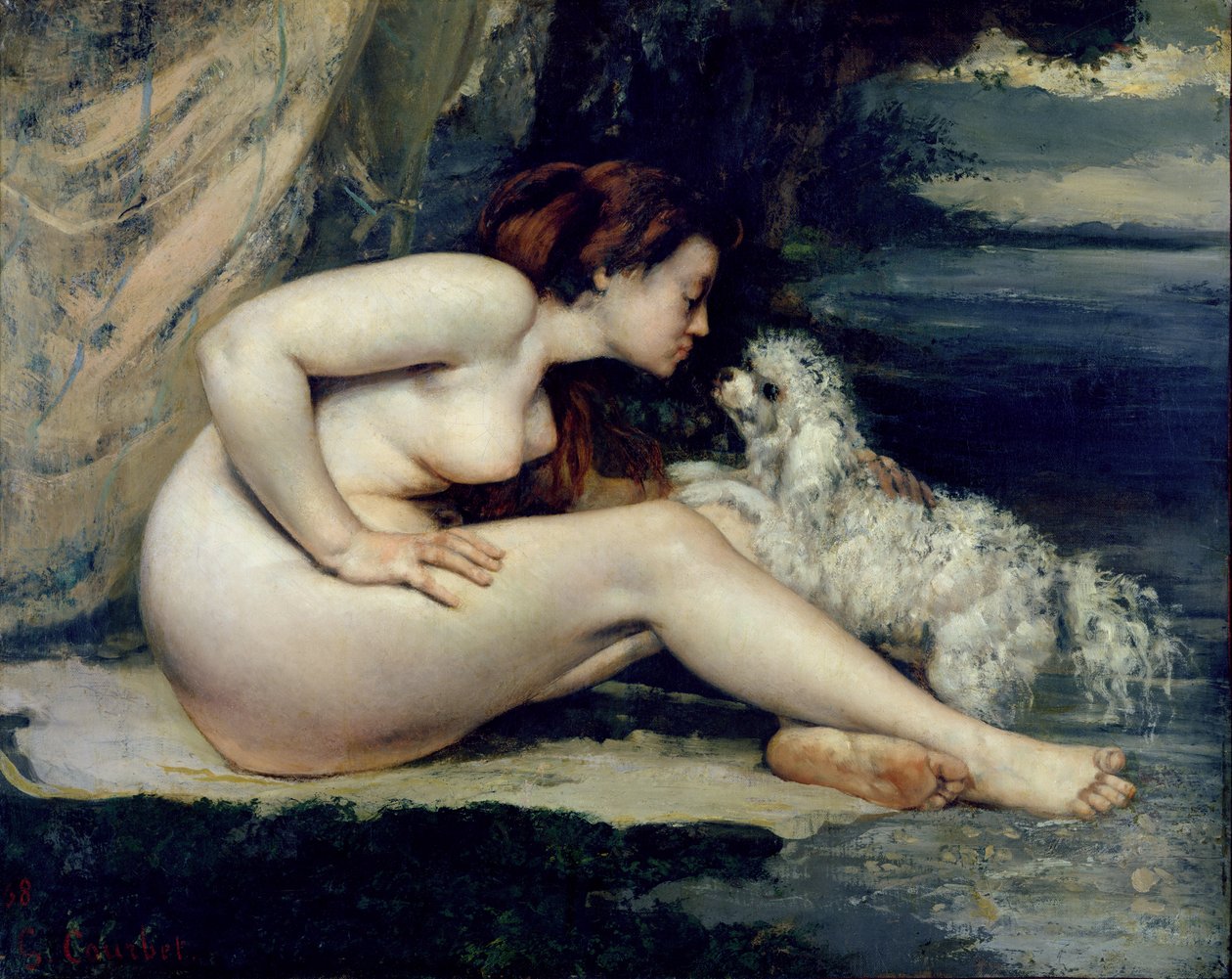 Nainen alaston koiran kanssa (Leotine Renaudin muotokuva) 1861-62 (öljy kankaalle) tekijältä Gustave Courbet