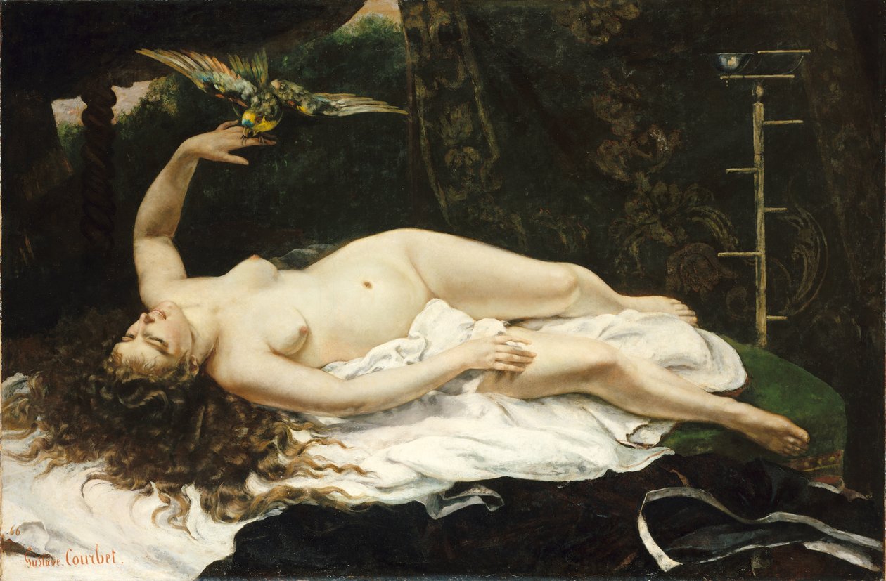 Ranskalainen:  La Femme au perroquet Nainen papukaijan kanssa tekijältä Gustave Courbet