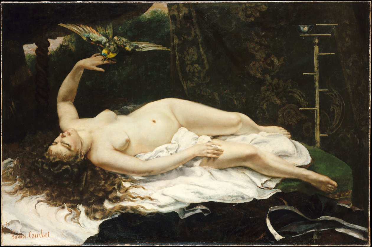 Ranskalainen:  La Femme au perroquet Nainen papukaijan kanssa tekijältä Gustave Courbet