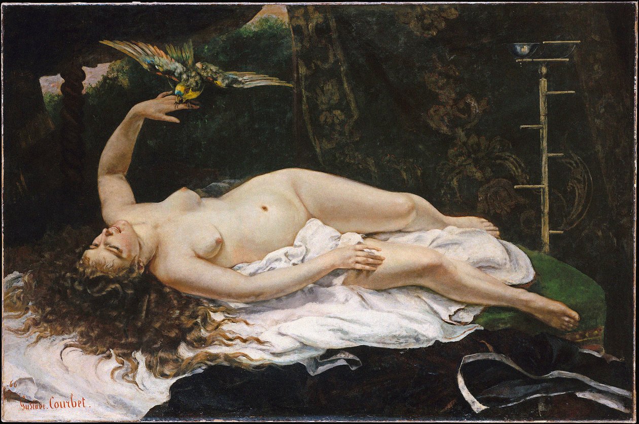 Ranskalainen:  La Femme au perroquet Nainen papukaijan kanssa tekijältä Gustave Courbet