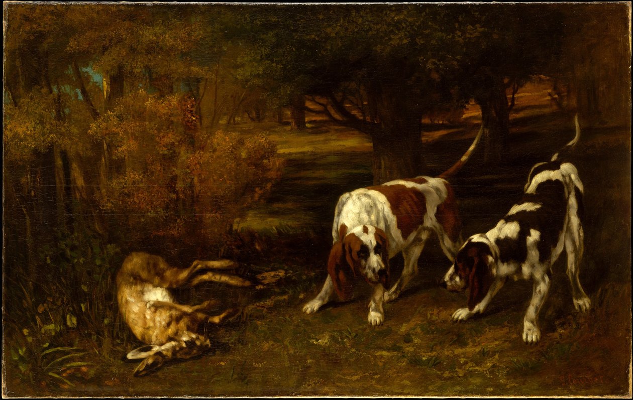 Metsästyskoirat ja kuollut jänis tekijältä Gustave Courbet