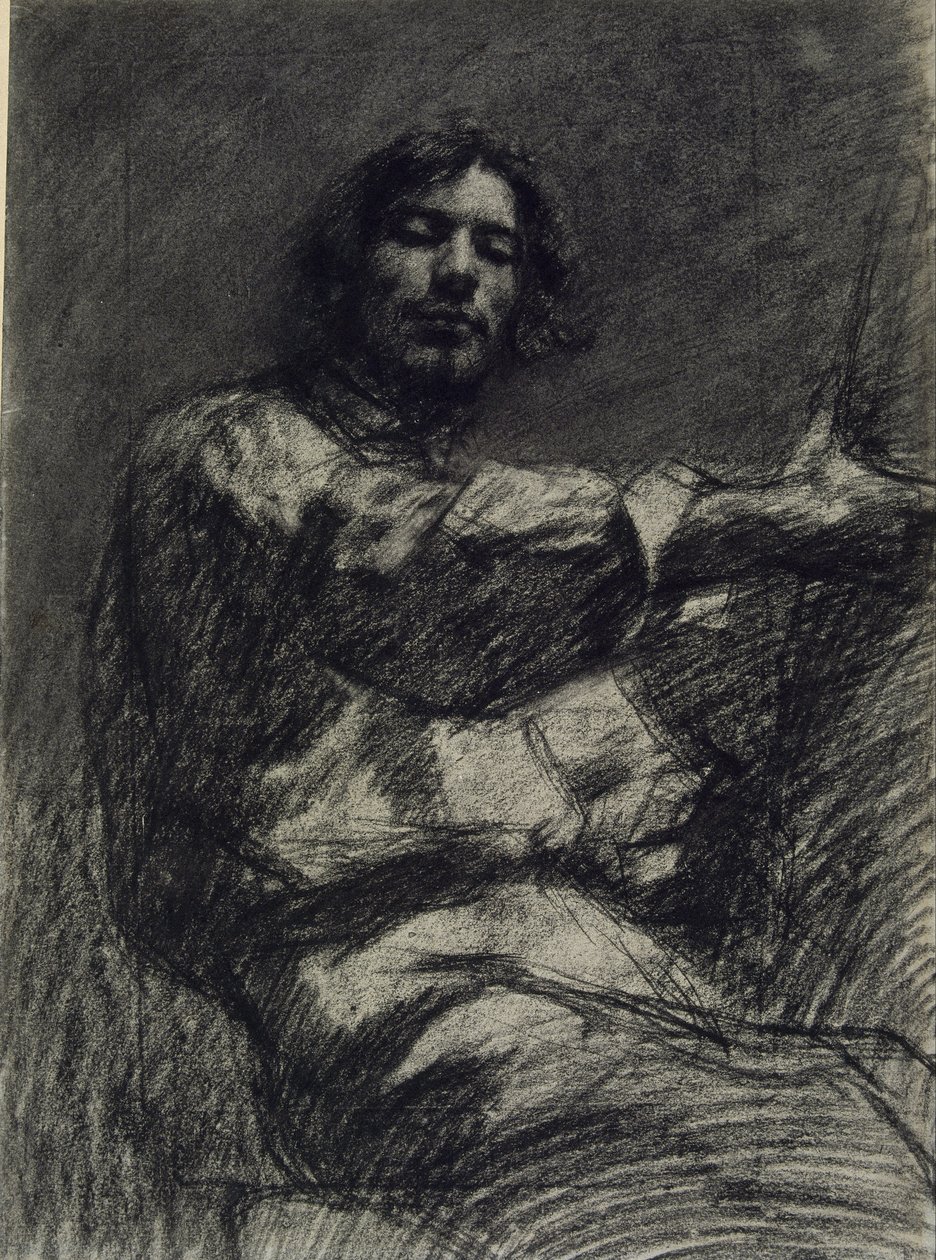 Nuori mies istuu, opiskelee. Omakuva maalaustelineen ääressä tekijältä Gustave Courbet
