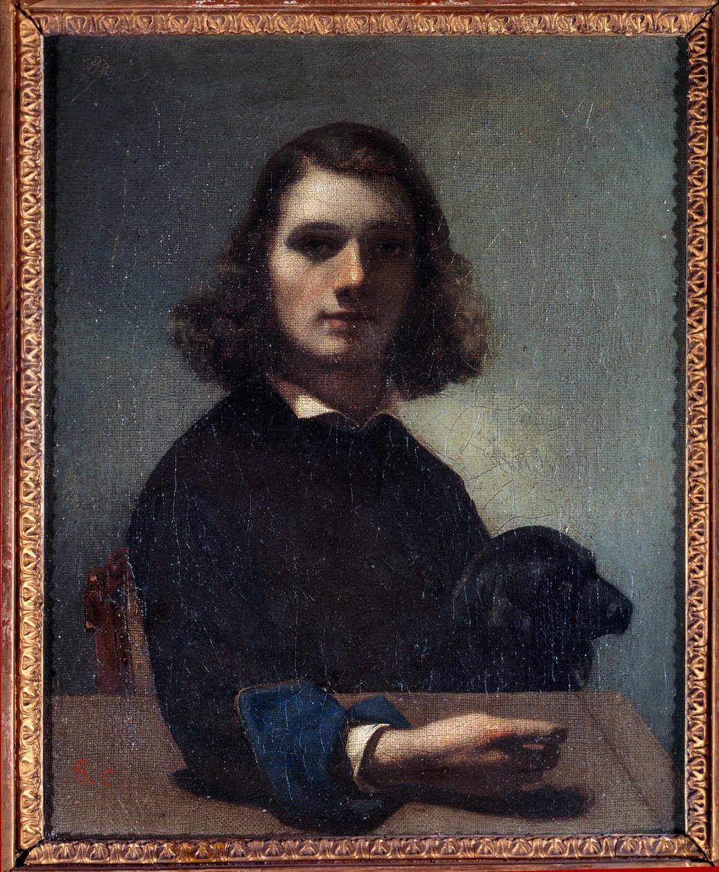 Gustave Courbetin (1819-1877) omakuva musta koiran maalauksella 1800-luvulta Pontarlier, Musee des Beaux Arts. tekijältä Gustave Courbet