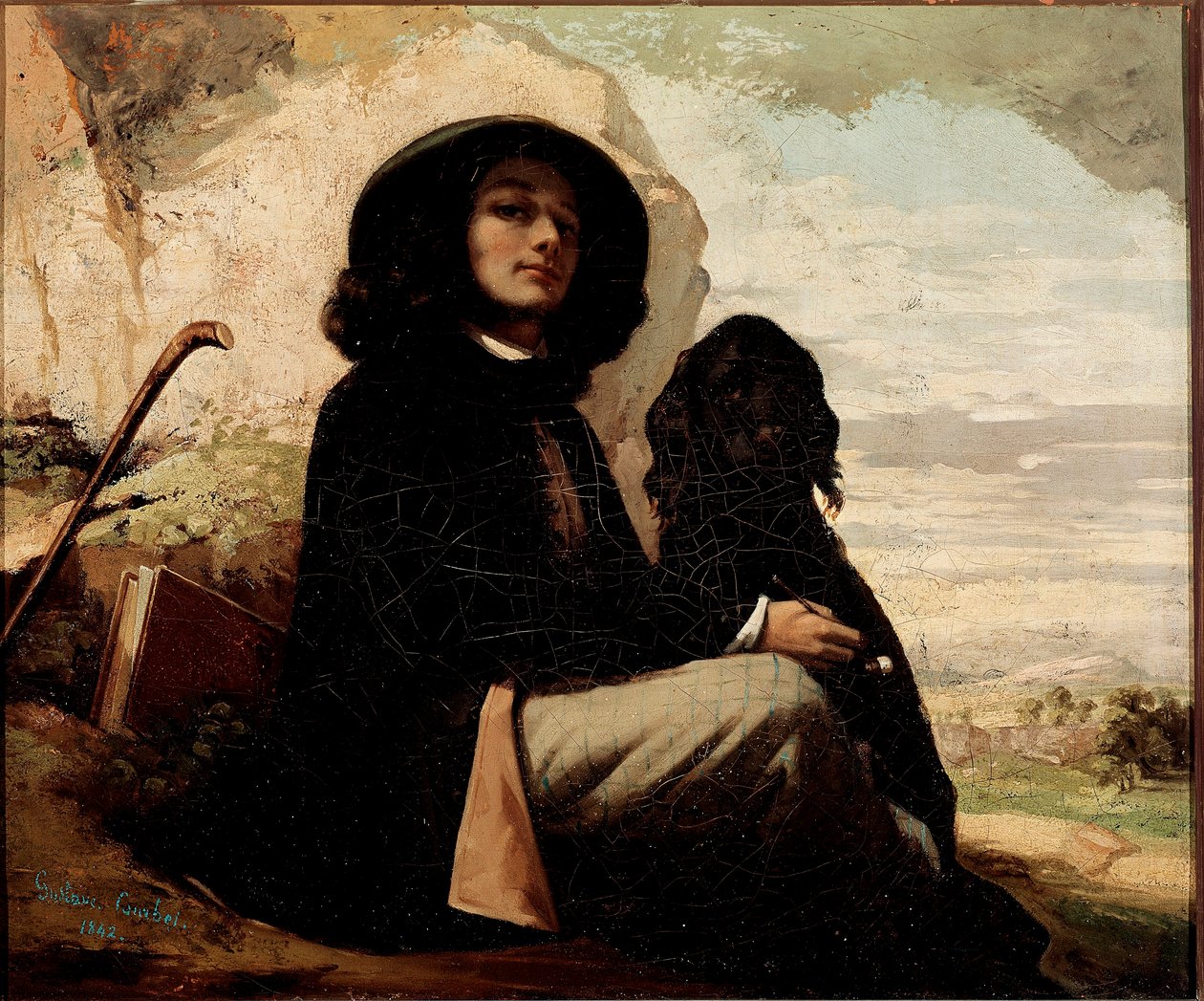 Gustave Courbetin (1819-1877) omakuva mustalla koiralla 1842 tekijältä Gustave Courbet