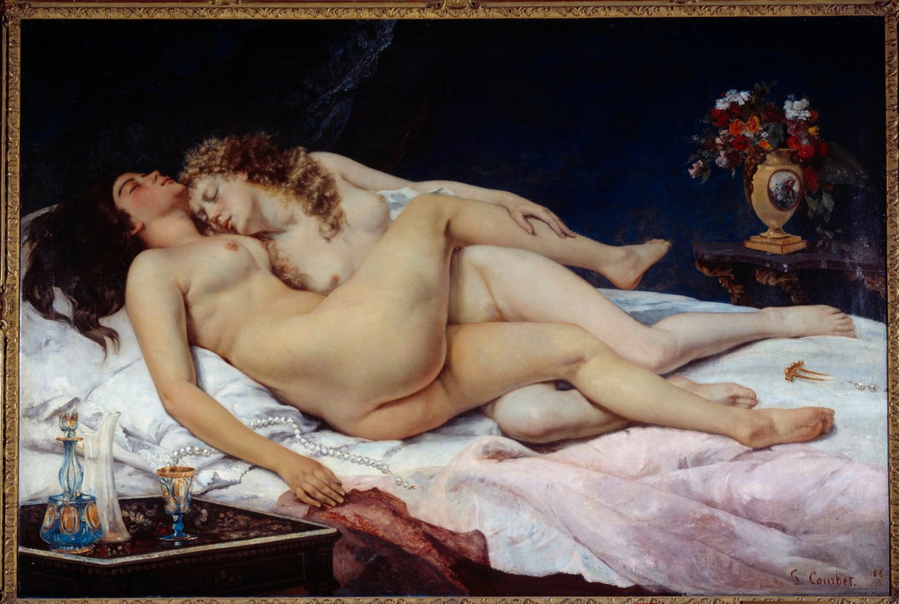 Nukkua. Kaksi alastomaa naista halasi sängyssä tekijältä Gustave Courbet