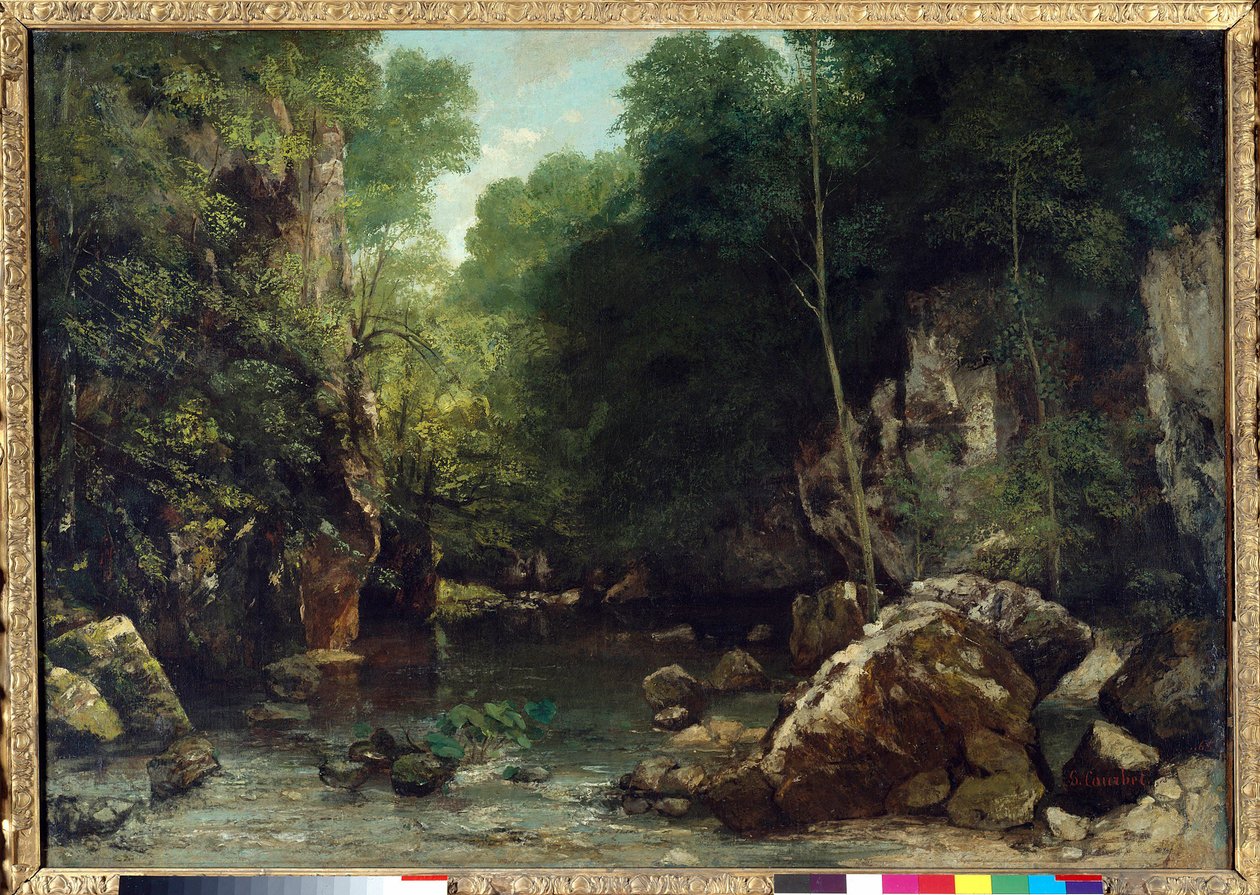 Katettu puro, joka tunnetaan Vallee du Puits-Noirin sisäänkäynninä, Doubs: Effect of Twilight Painting, Gustave Courbet (1819-1877) 1865 Dim. 0,94 x 1,35 m. Pariisi. Orsay-museo tekijältä Gustave Courbet