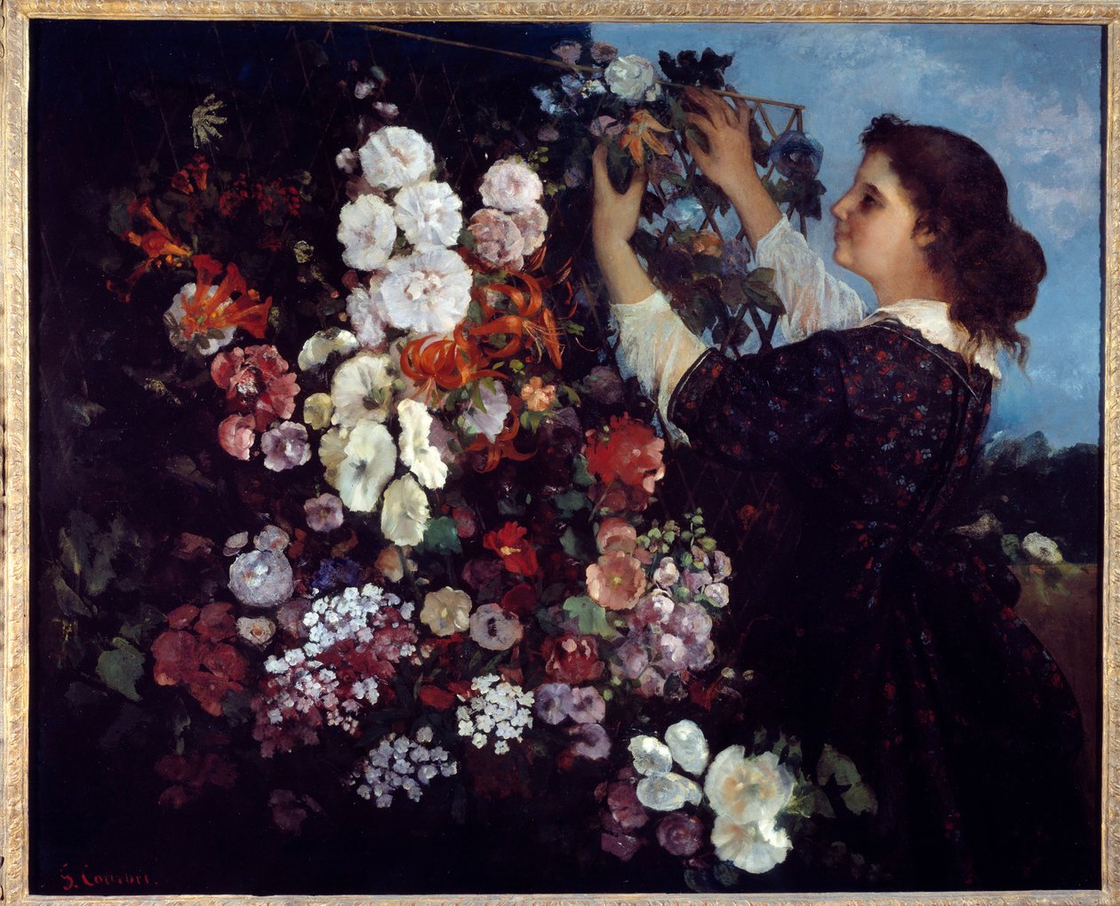 Nainen, jolla on kukkia tai ristikko. Gustave Courbetin (1819-1877) maalaus tekijältä Gustave Courbet